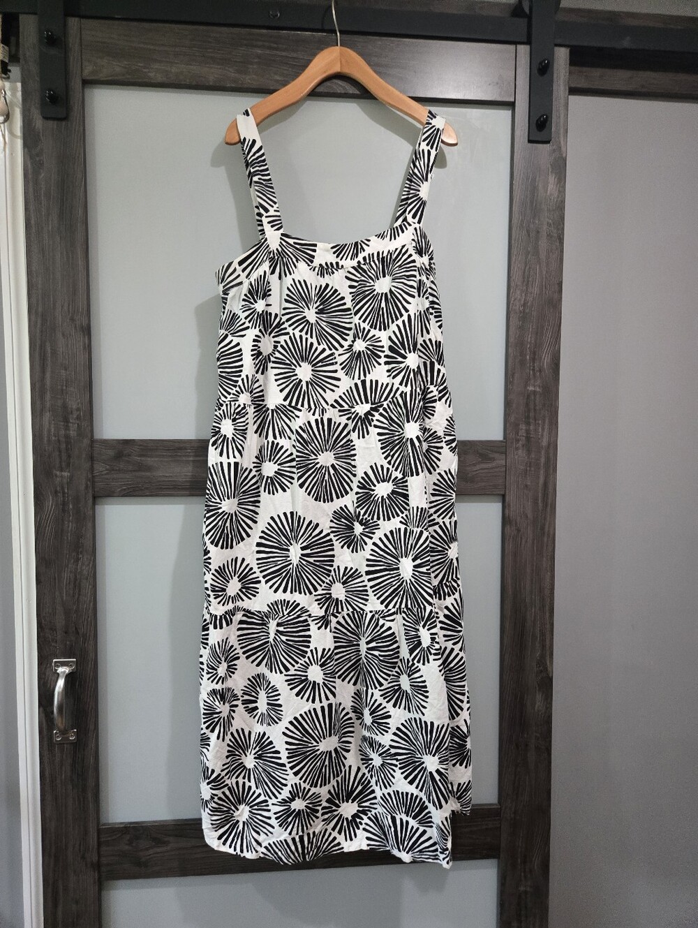 LOFT Linen Blend Black White Firework Burst Tiered Midi Dress XL
